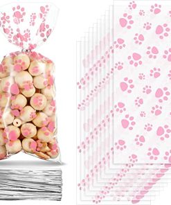 100 Pieces Pet Paw Print Cone Cellophane Bags Heat Sealable Candy Bags Dog Paw Gift Bags Cat Treat Bags with 100 Pieces Silver Twist Ties for Pet Treat Party Favor (Pink)