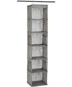 Amazon Basics 6-Tier Hanging Closet Shelf Organizer With Pockets, 8.5" D x 12" W x 9" H, Grey