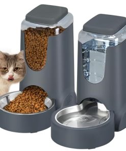 Automatic Cat Feeder and Water Dispenser with Stainless Steel Bowl Dog Gravity Food Feeder and Waterer for Small Medium Pets Puppy Kitten 1 Gallon x 2