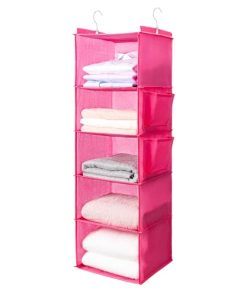 BOOMIBOO Hanging Closet Organize and Shelves，5-Hanging Shelf with 2 Side Pockets，Storage Foldable （Pink）