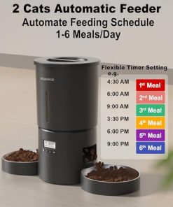 Dual Automatic Cat Feeder 2 Cats,6 Meals/Day,12 Portions/Meal,4.2L Dual Power Double Bowls Feeder,Dry Food Auto Pet Dispenser,10S Voice Record,Flexible Schedule Timer (Black,Stainless Dual Bowls)