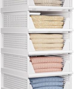 CTSNSLH 5 Pack Closet Organizers Storage Box, Closet Storage Stackable Storage Bins, Plastic Drawer Basket for Wardrobe Cupboard Kitchen Bathroom Office, White