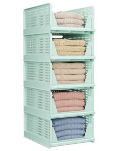 5 Pack Folding Closet Organizers Storage Box, Stackable Storage Bins, Plastic Drawer Basket Closet Storage for Wardrobe Cupboard Kitchen Bathroom Office Green-5L