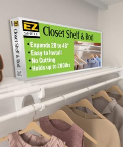 EZ SHELF Closet Shelf with Hanging Rod - 28-48” Expandable, White, Closet Shelves - Strong, Holds 200 lbs - DIY, Easy Install to 2 Side Walls - Alternative to Wire Shelving