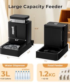 Gravity Cat Feeder and Water Dispenser, 2 in 1 Automatic Cat Feeder with 180 Degree Rotatable, 2 Pack Pet Self Feeding Large Capacity for Small Medium Dog Puppy Kitten, Black, 0.8 Gallon x 2