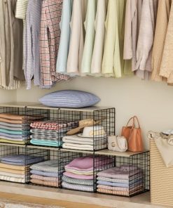 3PCS Stackable Closet Organizers and Storage, Shelves with Wood Top Extra Storage, Clothes Organizer Basket, Bin, or Tube for Wardrobe and Home Organization (Black-Sturdy Metal) Patent Pending