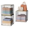 3PCS Stackable Closet Organizers and Storage, Shelves with Wood Top Extra Storage, Clothes Organizer Basket, Bin, or Tube for Wardrobe and Home Organization (Black-Sturdy Metal) Patent Pending