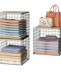 3PCS Stackable Closet Organizers and Storage, Shelves with Wood Top Extra Storage, Clothes Organizer Basket, Bin, or Tube for Wardrobe and Home Organization (Black-Sturdy Metal) Patent Pending