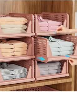 SNSLXH 5 Pack Stackable Closet Organizer Box, Multifunctional & Foldable Closet Storage Basket for Bathroom Kitchen Laundry Room Wardrobe Storage, Space-Saving Clothes Storage Drawer Organizer, Pink