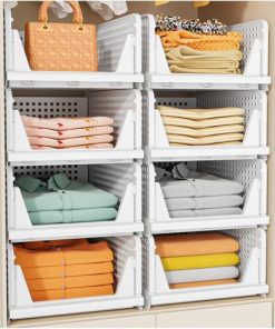 SNSLXH 5 Pack Stackable Closet Storage Basket, Multifunctional & Foldable Closet Organizer for Bathroom Kitchen Laundry Room Wardrobe Storage, Space-Saving Clothes Storage Drawer Organizer, White