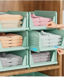 SNSLXH 5 Pack Stackable Closet Organizer Box, Multifunctional & Foldable Closet Storage Basket for Bathroom Kitchen Laundry Room Wardrobe Storage, Space-Saving Clothes Storage Drawer Organizer, Green