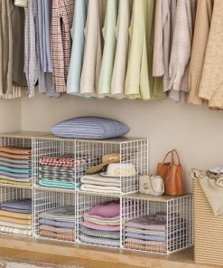 3PCS Stackable Closet Organizers and Storage, Closet Shelves with Wood Top Extra Storage, Clothes Storage Organizer Basket Bin/Cube for Home Wardrobe Organization(White-Sturdy Metal) Patent Pending