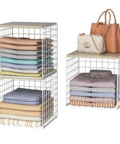3PCS Stackable Closet Organizers and Storage, Closet Shelves with Wood Top Extra Storage, Clothes Storage Organizer Basket Bin/Cube for Home Wardrobe Organization(White-Sturdy Metal) Patent Pending